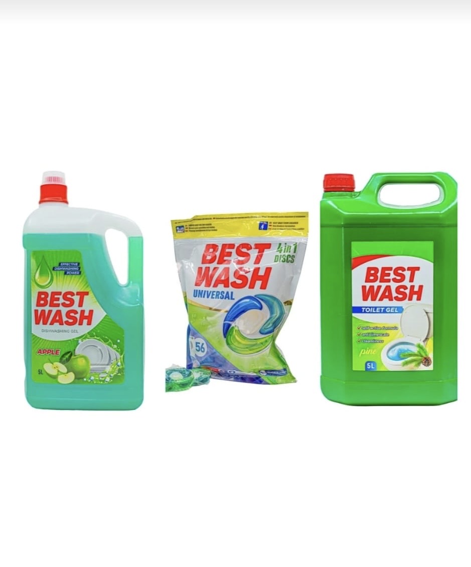 Pachet Promo Best Wash: Detergent Vase + 56 Capsule + Gel WC 5L