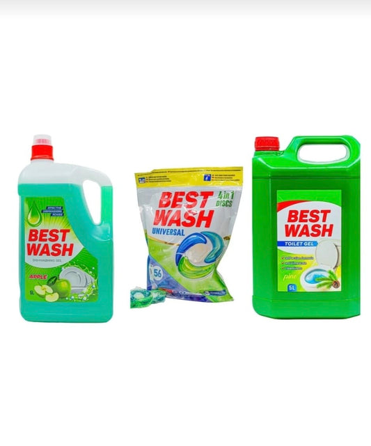 Pachet Promo Best Wash: Detergent Vase + 56 Capsule + Gel WC 5L